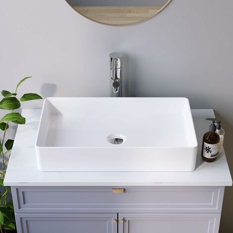 AQUABATOS Aufsatzwaschbecken Waschbecken Keramik Waschtisch Handwaschbecken, Ohne Hahnloch, Ohne Überlauf, Ohne wasserhahn, Ohne ablaufventil, Weiß, Eckig 605 x 345 x 115 mm
