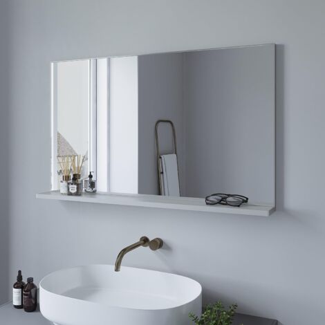 AQUABATOS Badspiegel mit Ablage, Wandspiegel mit Regal Rechteckiger Spiegel Modern Badspiegel mattes Silber Aluminiumrahmen 100 x 60 cm
