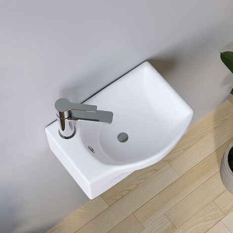 AQUABATOS Hängewaschbecken Keramik Waschtisch Handwaschbecken, Hahnloch Links, mit Überlauf, Stockschrauben, Ohne wasserhahn, Ohne ablaufventil, Weiß, Eckig-Oval 405 x 280 x 120 mm