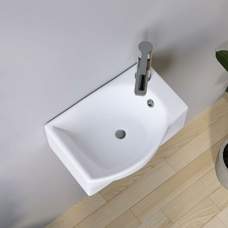 AQUABATOS Hängewaschbecken Keramik Waschtisch Handwaschbecken, Hahnloch Rechts, mit Überlauf, Stockschrauben, Ohne wasserhahn, Ohne ablaufventil, Weiß, Eckig-Oval 405 x 280 x 120 mm