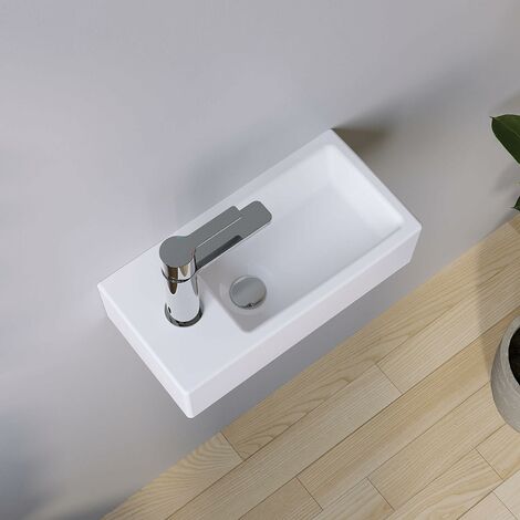 AQUABATOS Hängewaschbecken Keramik Waschtisch Handwaschbecken, mit Hahnloch Links und Stockschrauben, Ohne Überlauf, Ohne wasserhahn, Ohne ablaufventil, Weiß, Eckig 405 x 200 x 105 mm