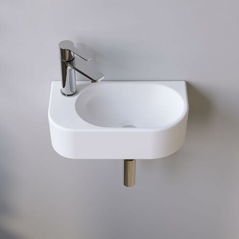 AQUABATOS Hängewaschbecken Keramik Waschtisch Handwaschbecken, mit Hahnloch Links und Stockschrauben, Ohne Überlauf, Ohne wasserhahn, Ohne ablaufventil, Weiß, Oval 400 x 215 x 105 mm