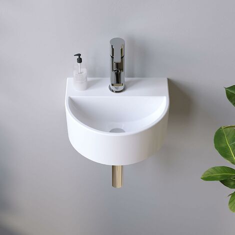 AQUABATOS Hängewaschbecken Keramik Waschtisch Handwaschbecken, mit Hahnloch und Stockschrauben, Ohne Überlauf, Ohne wasserhahn, Ohne ablaufventil, Weiß, Halbrund 300 x 255 x 125 mm