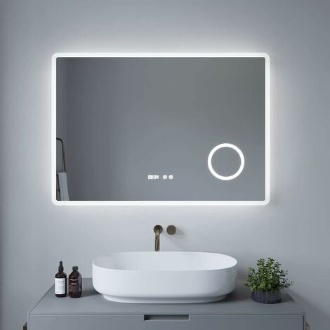 AQUABATOS® LED Badspiegel mit Beleuchtung Badezimmerspiegel Beleuchtet Kaltweiß Licht 6400K Dimmbar Schminkspiegel Uhr Beschlagfrei Antibeschlag Wandspiegel BORAS-Serie 100 x 70 cm