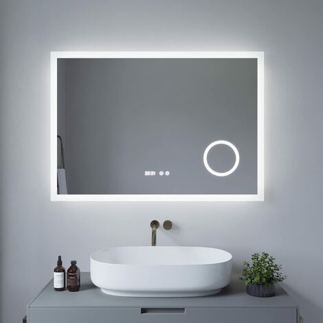 AQUABATOS® LED Badspiegel mit Beleuchtung Badezimmerspiegel Beleuchtet Kaltweiß Licht 6400K Dimmbar Schminkspiegel Uhr Beschlagfrei Antibeschlag Wandspiegel