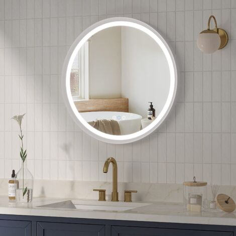 AQUABATOS Rund Badspiegel LED Badezimmerspiegel Antibeschlage 60 cm 3 Lichtfarben Dimmbar Wandspiegel Mattweißer Aluminiumrahmen Bad Spiegel