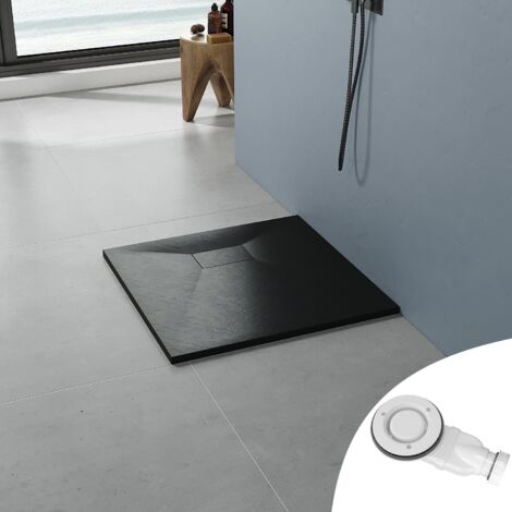 AQUABATOS SMC Duschwannen für badezimmer antirutsch, schieferoptik duschtasse quadrat, modern-design brausewanne schwarz extra-flach 90x90cmmit Abdeckung Siphon/Ablaufgarnitur