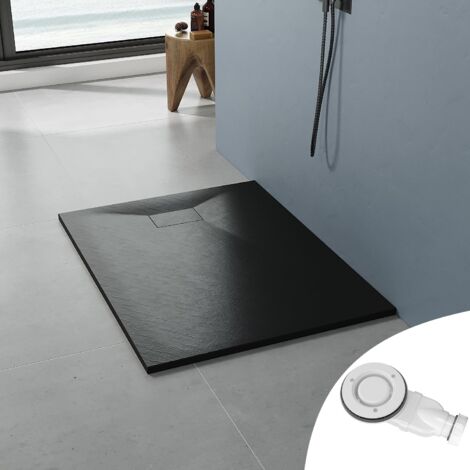 AQUABATOS SMC Duschwannen für badezimmer antirutsch, schieferoptik duschtasse rechteckig, modern-design brausewanne schwarz extra-flach 120x90cm mit Abdeckung Siphon/Ablaufgarnitur