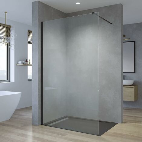 AQUABATOS® Walk-in Dusche Duschabtrennung Sicherheitsglas 8mm Glaswand Nano Beschichtung Duschtrennwand Easy Clean Seitenwand mit Stabilisierungsstange Schwarz 80 x 200 cm