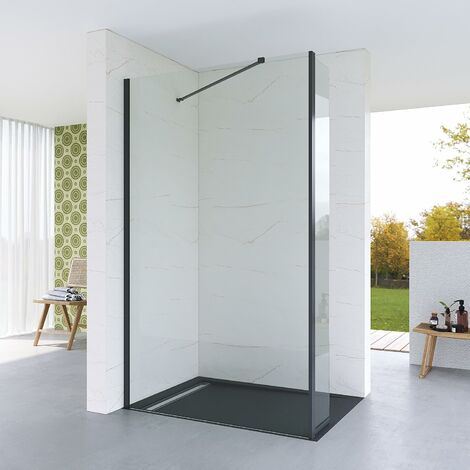 AQUABATOS Walk-in Dusche Duschabtrennung Sicherheitsglas 8mm Glaswand Nano Beschichtung Duschtrennwand Easy Clean Seitenwand mit Stabilisierungsstange Winkelbar Schwarz 80 x 200 cm