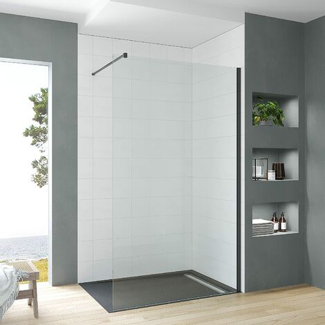 AQUABATOS Walk in Dusche Duschwand Glas Duschabtrennung Duschtrennwand Glastrennwand für Duschwanne  Klarglas 8 mm mit NANO Beschichtung  schwarz Wandprofil  90° Stabilisationsbügel  2. Größe: 90x200c