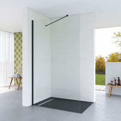 AQUABATOS Walk in Dusche Duschwand Glas Duschtrennwand aus Klarglas 8 mm mit NANO Beschichtung inklusive verstellbarer Winkel Stabilisationsbügel  120 x 200 cm Matt-schwarz