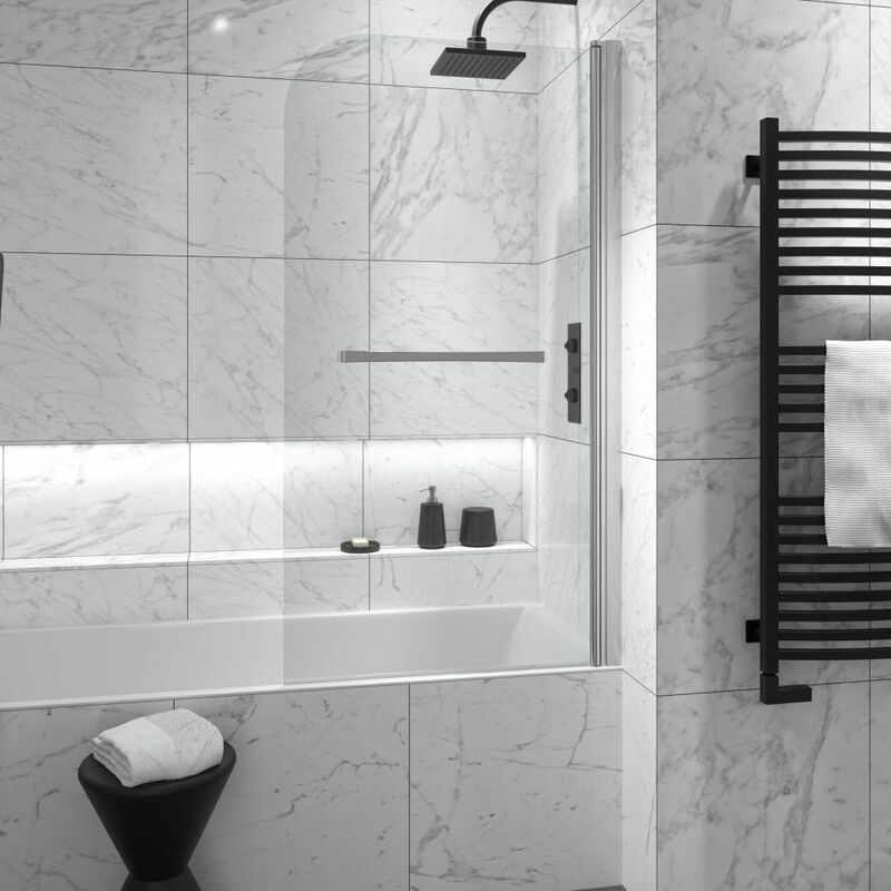 Aqualux - Aqua 5 Round Top Hinged Bath Screen with Towel Rail 1500mm h x 800mm w - 5mm Glass