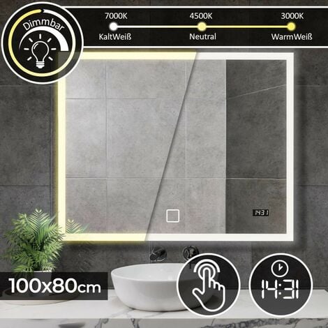 ECOMSOF Aquamarin® Espejo de Baño LED – 100 x 80 cm, CEE A++, Regulable, 3 en 1, Luz Fría, Neutral, Cálida, Reloj Digital, Sensor Táctil - Espejo Tocador, Espejo de Hollywood, Espejo con luz, Espejo LED