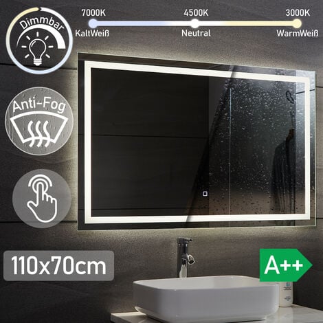 ECOMSOF Aquamarin® Espejo de Baño LED - 110 x 70 cm, Antivaho, Regulable, Clase de Eficiencia Energética A++, Ahorro de Energía, Función de Memoria - Espejo LED, de Ducha, Hollywood, Espejo sin Empañamiento