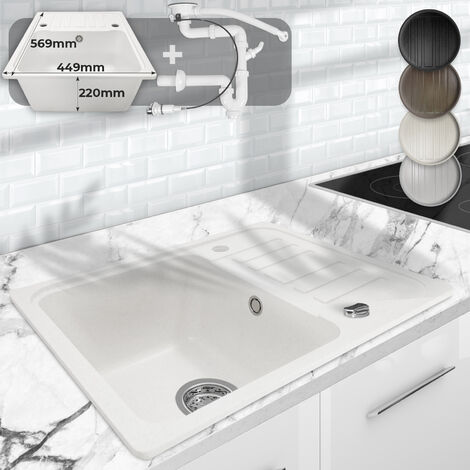Aquamarin® Évier en Granit - avec 1 Bac et Égouttoir, Kit de Vidange, 56.9 x 44.9 cm, à Encastrer ou Sous Plan, Blanc - Évier de Cuisine, Équipement de Cuisine - Blanc