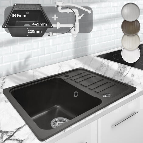 Aquamarin® Évier en Granit - avec 1 Bac et Égouttoir, Kit de Vidange, 56.9 x 44.9 cm, à Encastrer ou Sous Plan, Noir - Évier de Cuisine, Équipement de Cuisine - Noir