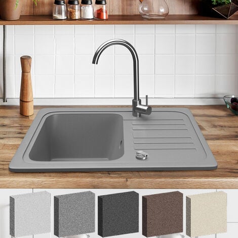 Aquamarin® Évier en Granit - avec 1 Bac et Égouttoir, Set : Kit de Vidange et Robinet, 56.9 x 44.9 cm, à Encastrer ou Sous Plan, Gris - Évier de Cuisine, Équipement de Cuisine - Gris