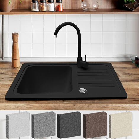 Aquamarin® Évier en Granit - avec 1 Bac et Égouttoir, Set : Kit de Vidange et Robinet, 56.9 x 44.9 cm, à Encastrer ou Sous Plan, Noir - Évier de Cuisine, Équipement de Cuisine - Noir