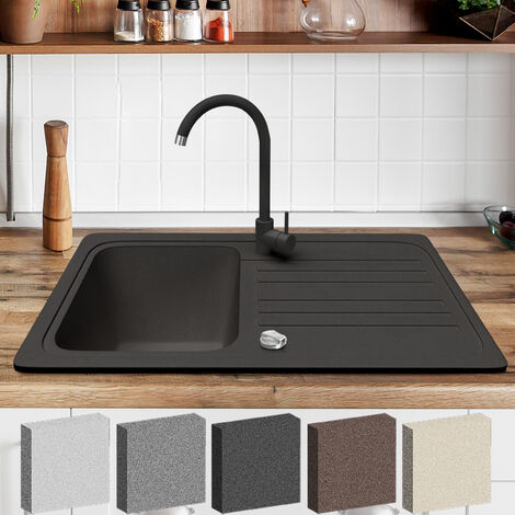Aquamarin® Évier en Granit - avec 1 Bac et Égouttoir, Set : Kit de Vidange et Robinet, 75.9 x 45.9 cm, à Encastrer ou Sous Plan, Noir - Évier de Cuisine, Équipement de Cuisine - Noir