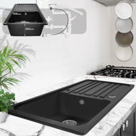 NOVA Aquamarin® Fregadero de Cocina - de Granito, con 1 Seno y Escurridor Reversible, Set de Desagüe, 76 x 46 cm, Integrado o Empotrado, Negro - Lavabo de Cocina