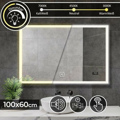 Aquamarin® Miroir de Salle de Bain LED - 100x60 cm, CEE A++, Tactile, Mural, Horloge, Éclairage Blanc Froid, Chaud et Neutre, avec Haut-Parleur Bluetooth - Miroir Lumineux, Cosmétique
