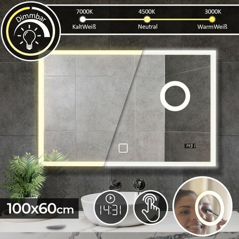 Aquamarin® Miroir de Salle de Bain LED - 100x60 cm, CEE A++, Tactile, Mural, Horloge, Éclairage Blanc Froid, Chaud et Neutre, avec Miroir Grossissant - Miroir Lumineux, Cosmétique