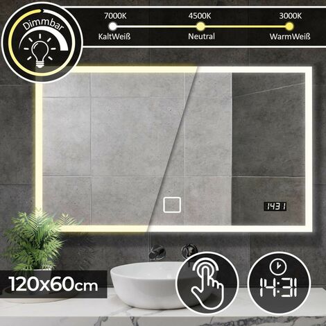 Aquamarin® Miroir de Salle de Bain LED - 120x60 cm, CEE A++, Tactile, Mural, Horloge, Éclairage Blanc Froid, Chaud et Neutre - Miroir Lumineux, Cosmétique, de Maquillage