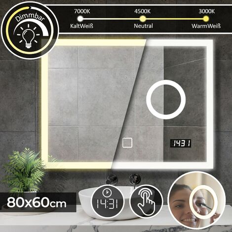 Aquamarin® Miroir de Salle de Bain LED - 80x60 cm, CEE A++, Tactile, Mural, Horloge, Éclairage Blanc Froid, Chaud et Neutre, avec Miroir Grossissant - Miroir Lumineux, Cosmétique