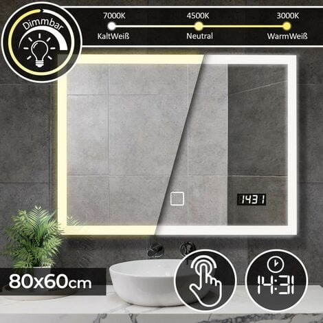 Miroir de salle de bain avec interrupteur tactile léger à LED et classe d'horloge numérique A ++