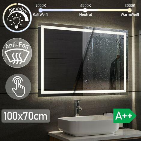 Aquamarin® Miroir Salle de Bain LED - 100 x 70 cm, CEE:A++, Tactile, Mural, Éclairage Blanc Froid/Chaud/Neutre, Fonction Mémoire, Anti-Buée - Miroir Cosmétique, Maquillage