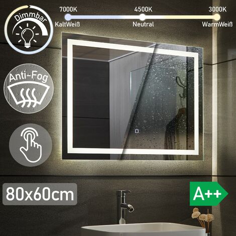 Aquamarin® Miroir Salle de Bain LED - 80 x 60 cm, CEE:A++, Tactile, Mural, Éclairage Blanc Froid/Chaud/Neutre, Fonction Mémoire, Anti-Buée - Miroir Cosmétique, Maquillage