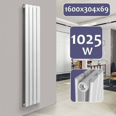 Aquamarin® Radiateur Vertical - à Panneau Plat Double, 1600 x 304 x 69 mm, Acier, Blanc - Chauffage Central pour Salle de Bain, Salon, Cuisine, Couloir, Chambre à Coucher - Sans valve