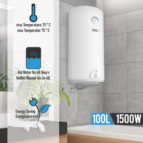 Aquamarin® Scaldabagno Elettrico - 100 litri, 220-240V, 1.5kW, Anticalcare, Temp Max. 75°C, Verticale, Serbatoio in Acciaio Smaltato, Bianco - Scalda Acqua, Boiler, Scaldino da Bagno