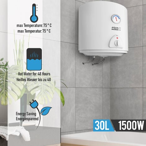 ECOMSOF Aquamarin® Scaldabagno Elettrico - 30 litri, 220-240V, 1.5kW, Anticalcare, Temp Max. 75°C, Verticale, Serbatoio in Acciaio Smaltato, Bianco - Scalda Acqua, Boiler, Scaldino da Bagno