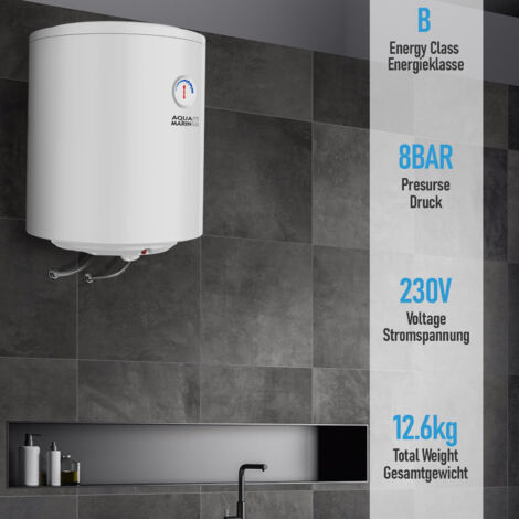 Aquamarin® Scaldabagno Elettrico - 30 litri, Temp. Max: 75°C, 230V, Anticalcare, 1.5 kW, Verticale, Murale, Acciaio Smaltato, Bianco - Boiler Elettrico, Scaldacqua da Bagno, Sottolavello