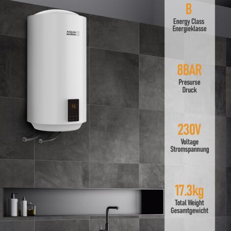 ECOMSOF Aquamarin® Scaldabagno Elettrico - 50 Litri, Anticalcare, Max. Temp 75°C, 230V, 1,5 kW, Murale, Verticale, Classe B, Serbatoio in Acciaio Smaltato, Bianco - Scaldacqua, Boiler Elettrico, da Bagno