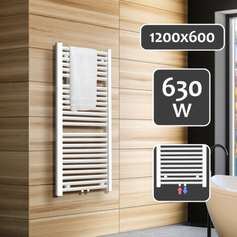 Aquamarin® Sèche-Serviette pour Salle de Bain - Mural, à Eau Chaude, en Acier, Format Vertical, 1200x600 mm, Connexion Moyenne, en Blanc - Radiateur, Chauffe-Serviette
