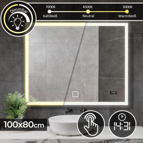 Aquamarin® Specchio a LED Rettangolare - 100 x 80 cm, CEE: A++, Controllo Tattile, Controluce 3in1 Bianca Fredda, Calda, Neutra, con Orologio Digitale - Specchio Retroilluminato, da Bagno