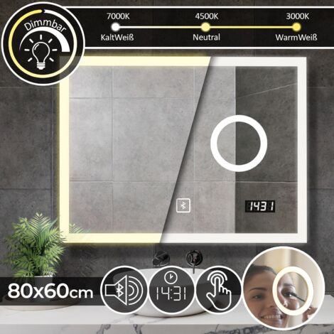 Aquamarin® Specchio a LED Rettangolare - 80x60 cm, CEE: A++, Tattile, Controluce 3in1 Bianca Fredda, Calda, Neutra, Altoparlante Bluetooth, Specchio Ingranditore 3x - Specchio Retroilluminato, Bagno