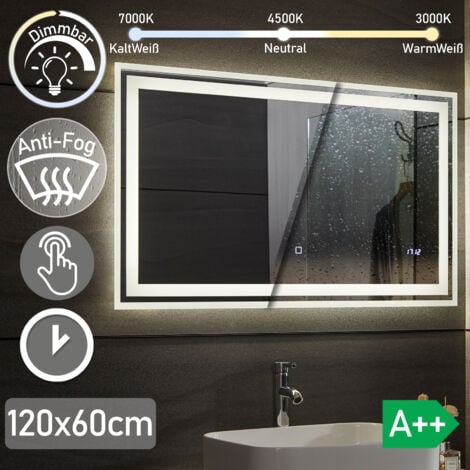 NOVA Aquamarin® Specchio Retroilluminato da Bagno - 120 x 60 cm, A++, Controluce Bianca Fredda/Calda/Neutra, a Touch, Antiappanamento, Orologio - Specchio LED Rettangolare, Parete, con Illuminazione