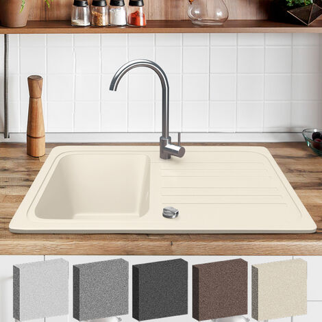 Aquamarin® Spülbecken - Granit, Set, ca. 75,9 x 45,9 cm, mit Ablaufgarnitur, Wasserhahn aus Edelstahl, umkehrbarer Abtropffläche, Rechteckig, Beige - Einbauspüle, Spüle, Verbundspüle, Küchenspüle