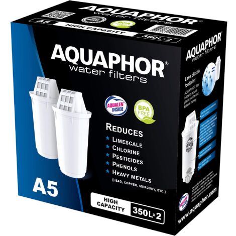 AQUAPHOR Cartucce filtro A5 2 pacchi I Filtra calcare e cloro, metalli pesanti e altre sostanze I 350l acqua purificata I Con la tecnologia AQUALEN I Per bevande e cibo migliori