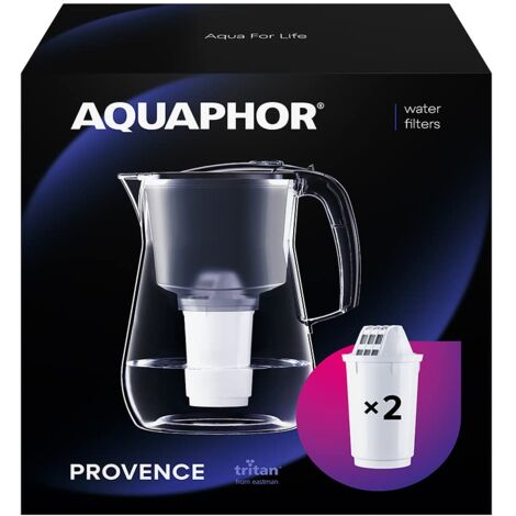 AQUAPHOR Filtro acqua Provence nero con 2 filtri A5 con caraffa in magnesio, per 4,2 l, grande fiIter dell'acqua in effetto vetro, riduce il calcare e il cloro, filtro dell'acqua da tavolo, elegante