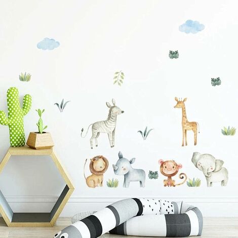 Aquarelle Safari Dessin Animé Animaux Jungle Stickers Muraux pour Chambre d'enfants Bébé Chambre d'enfant Décoration PVC Stickers Muraux Salon