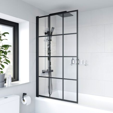 Aquari Bath Shower Screen Black Grid Square Door Hinged 800mm Framed Safety Glass Panel