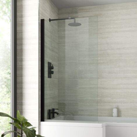 Aquari Bath Shower Screen Door Hinged 800mm Frameless Black Clear Safety Glass Panel