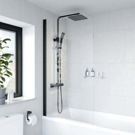 Aquari Curved Bath Shower Screen Door Hinged 800mm Frameless Black Clear Safety Glass