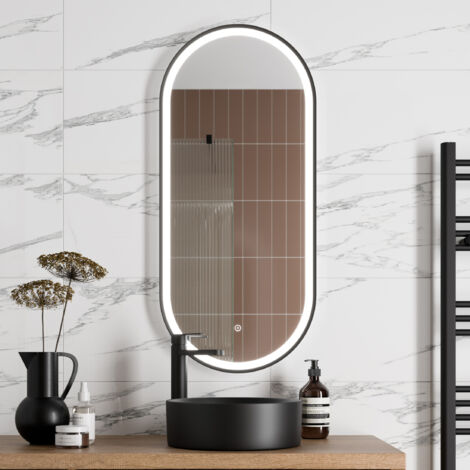Aquari Oval LED Mirror Touch Designer Bathroom Demister Mains Matt Black 450x1000mm