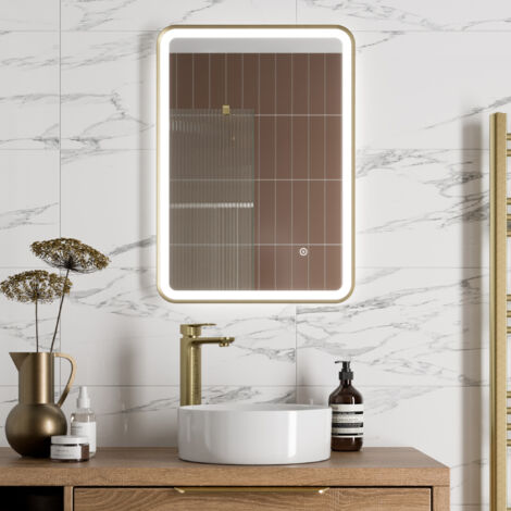 Aquari Rectangular LED Mirror Touch Bathroom Demister Mains Brushed Brass 500x700mm